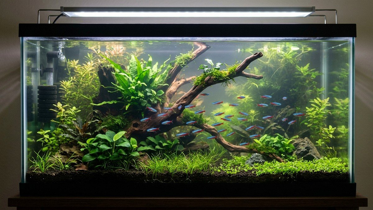 Planted freshwater aquarium with lush aquatic vegetation, driftwood, and school of neon tetras